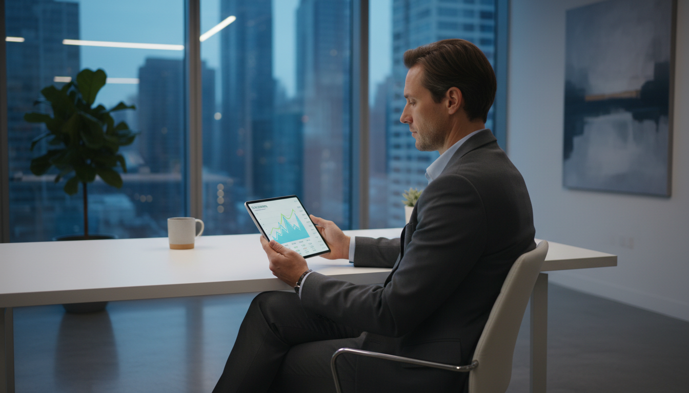 Человек анализирует финансовые данные на планшете в современном офисе.