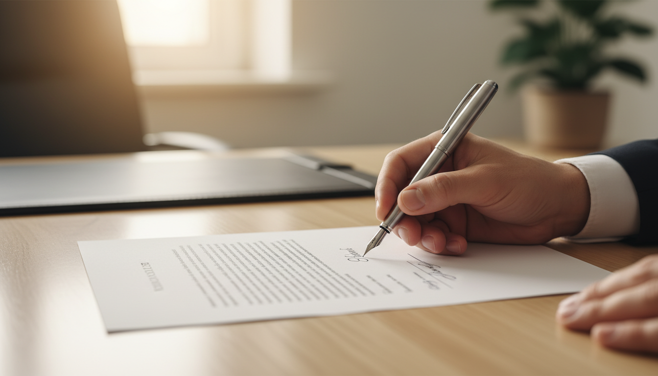 Человек подписывает важный финансовый документ