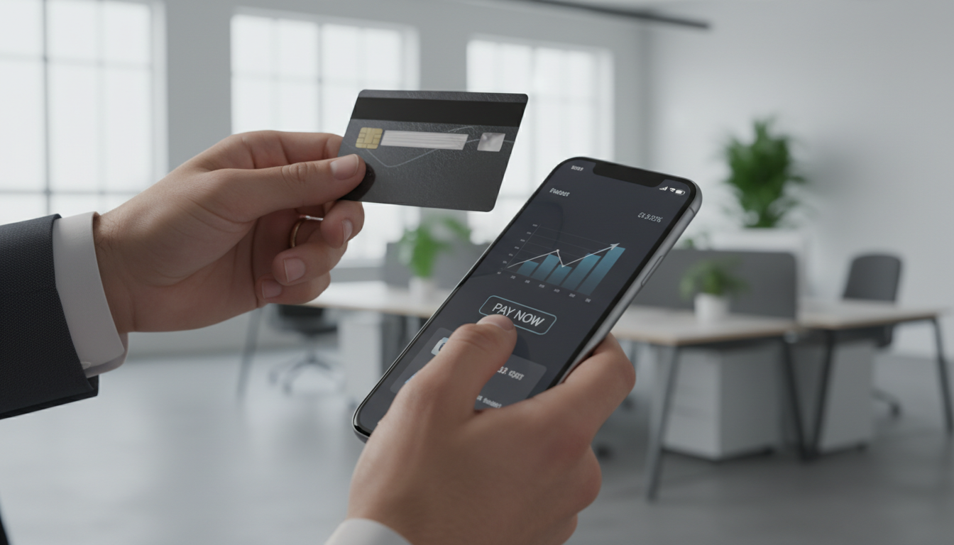 Руки совершают оплату кредитной картой через смартфон