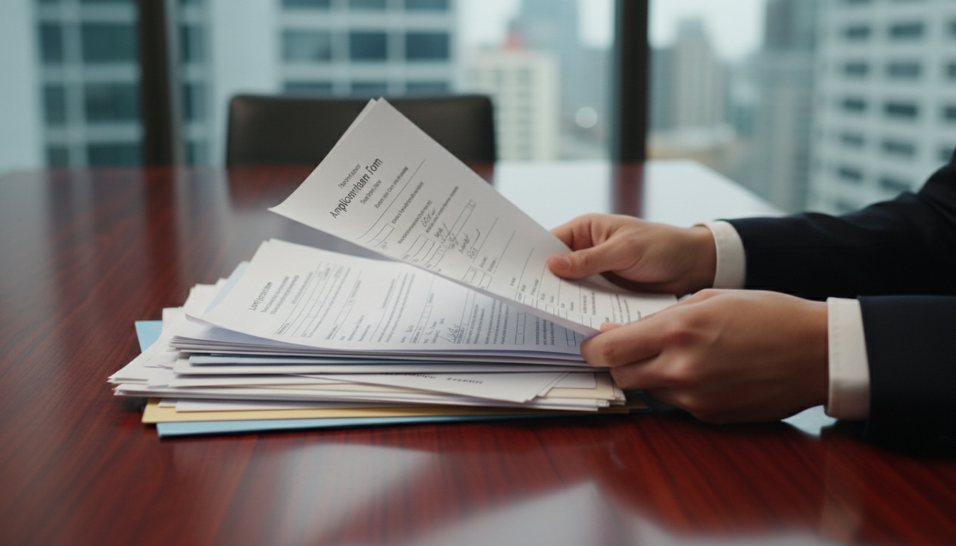 Человек, внимательно изучающий документы заявления на займ