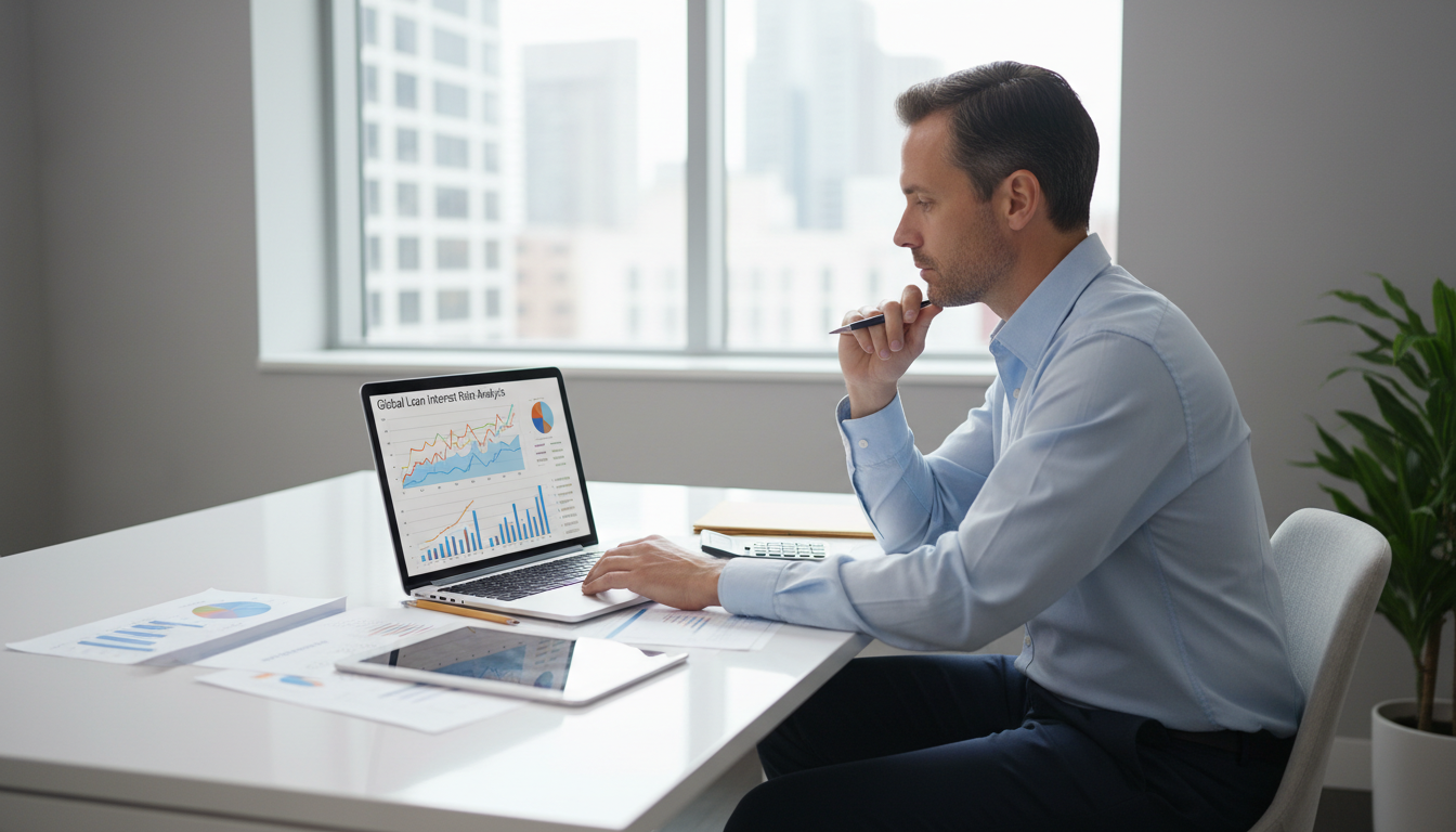 Человек анализирует процентные ставки и условия займа в офисе