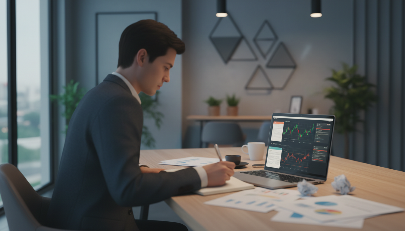 Человек анализирует финансовые документы за столом