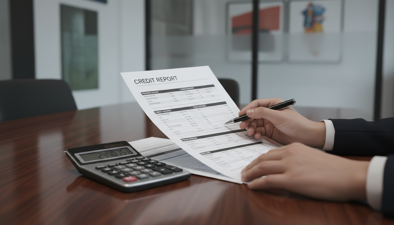 Руки изучают кредитный отчет и финансовые документы на столе.