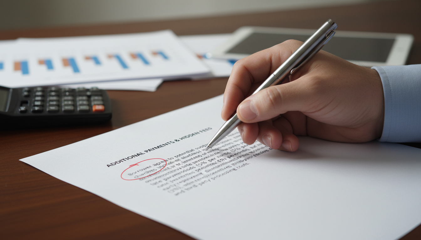 Крупный план руки, выделяющей скрытые комиссии в кредитном договоре